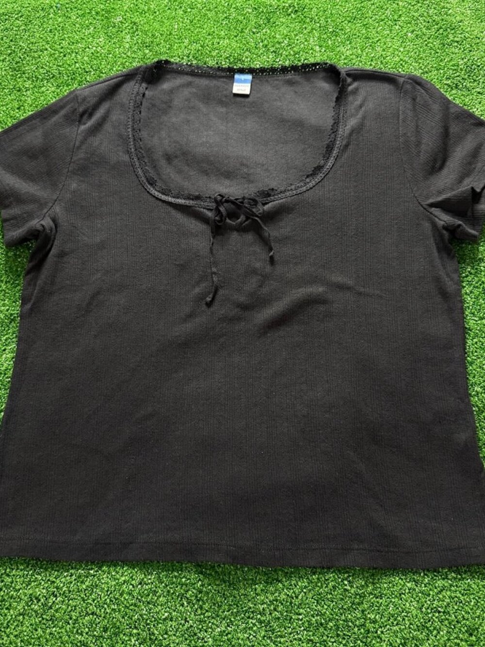 Old Navy Women L Black Pointelle Knit Lace Trim Scoop Neck Bow Tie Front Tee Top